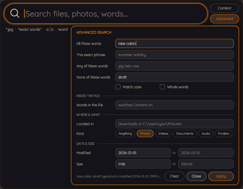 The advanced search form with a query built up from its fields