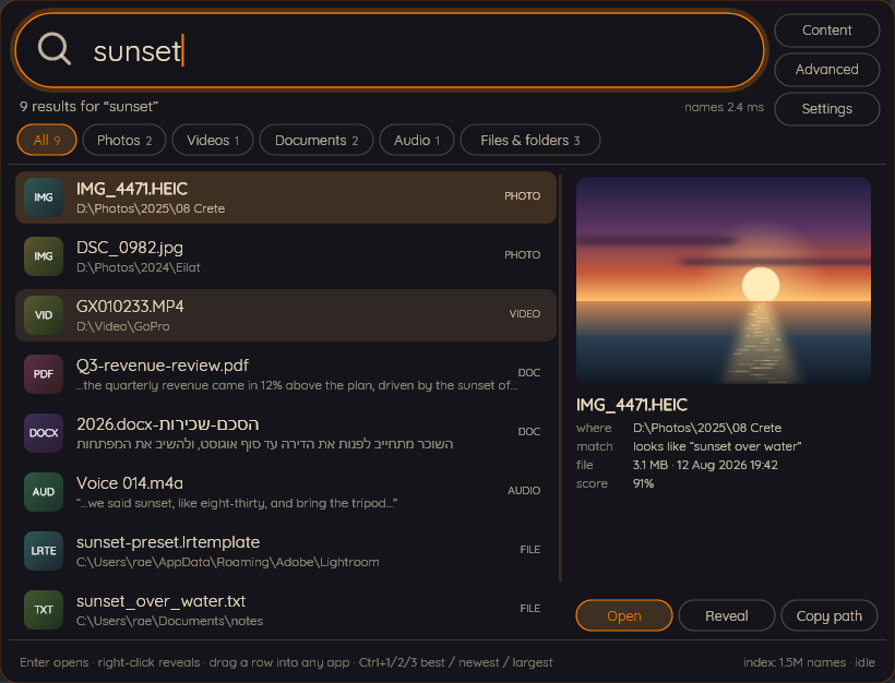 Findra's results card answering a search for sunset: a photograph matched on what it shows, documents matched on their text, and a recording matched on what was said