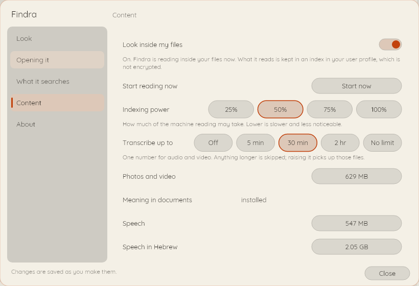 The Content section of Findra's settings window, showing the switch for reading inside files